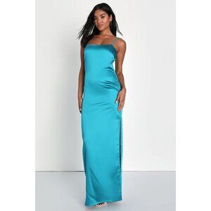 NWT Lulus Easy Radiance Satin Slip Maxi Dress Sleeveless Leg Slit Gown Teal Blue